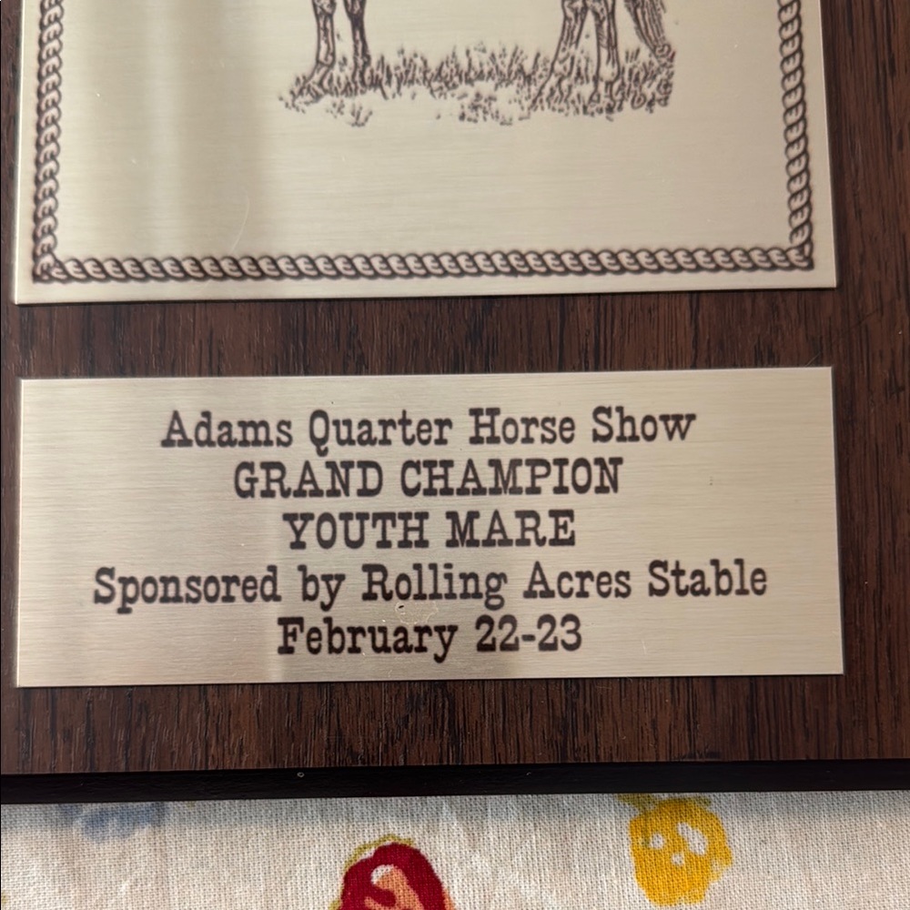 Adam’s (American) Quarter Horse Show GRAND CHAMPION YOUTH MARE Plaque - Picture 2 of 6